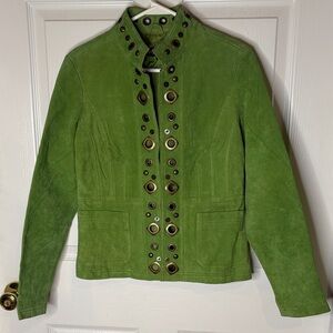 Prosper & Devine Suede Vibrant Green Leather Jacket MetaL Eyelet Accents Sz S